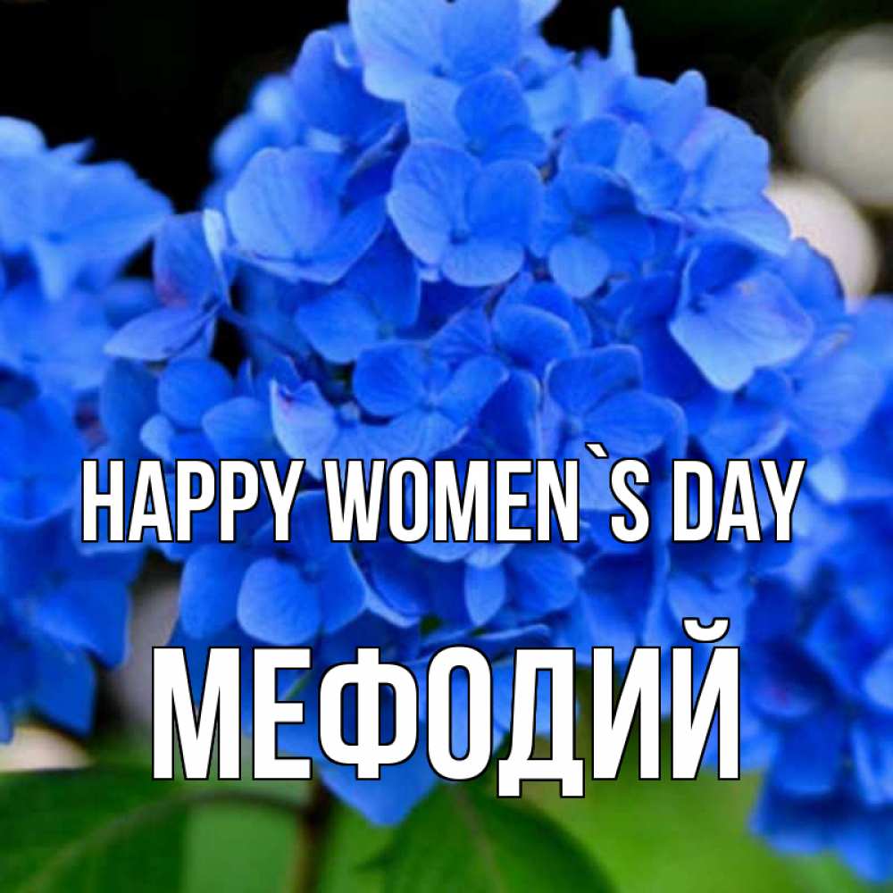 Greetings card с именем, Мефодий happy women`s day синие цветы Greetings with text for free download 